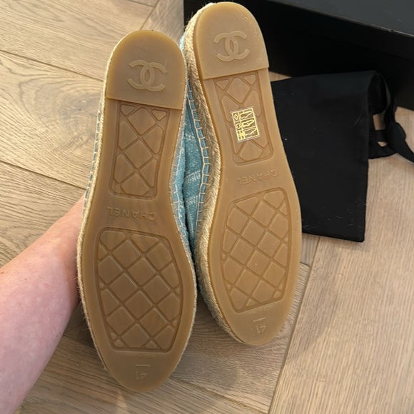Chanel Tweed Grosgrain CC Print Espadrilles 41 Turquoise White - Picture 3 of 5